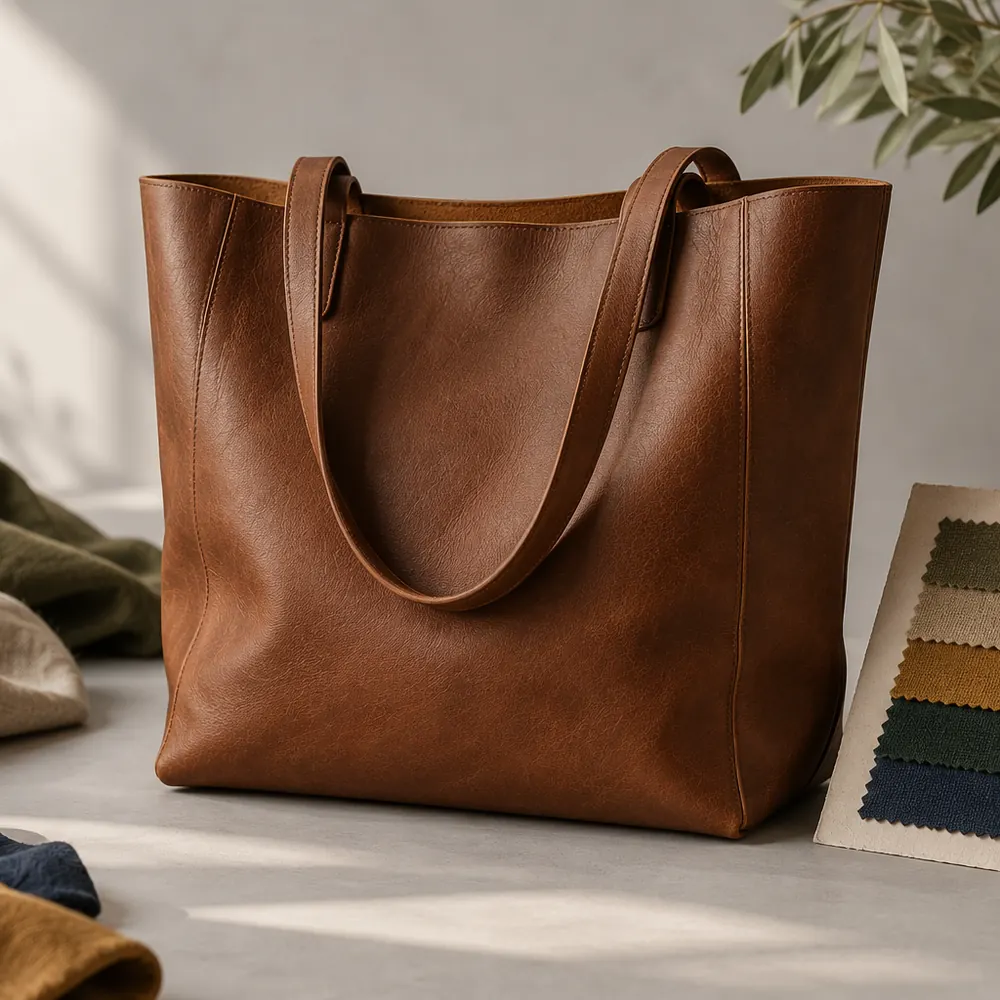 A plain brown leather tote bag on a light grey backdrop