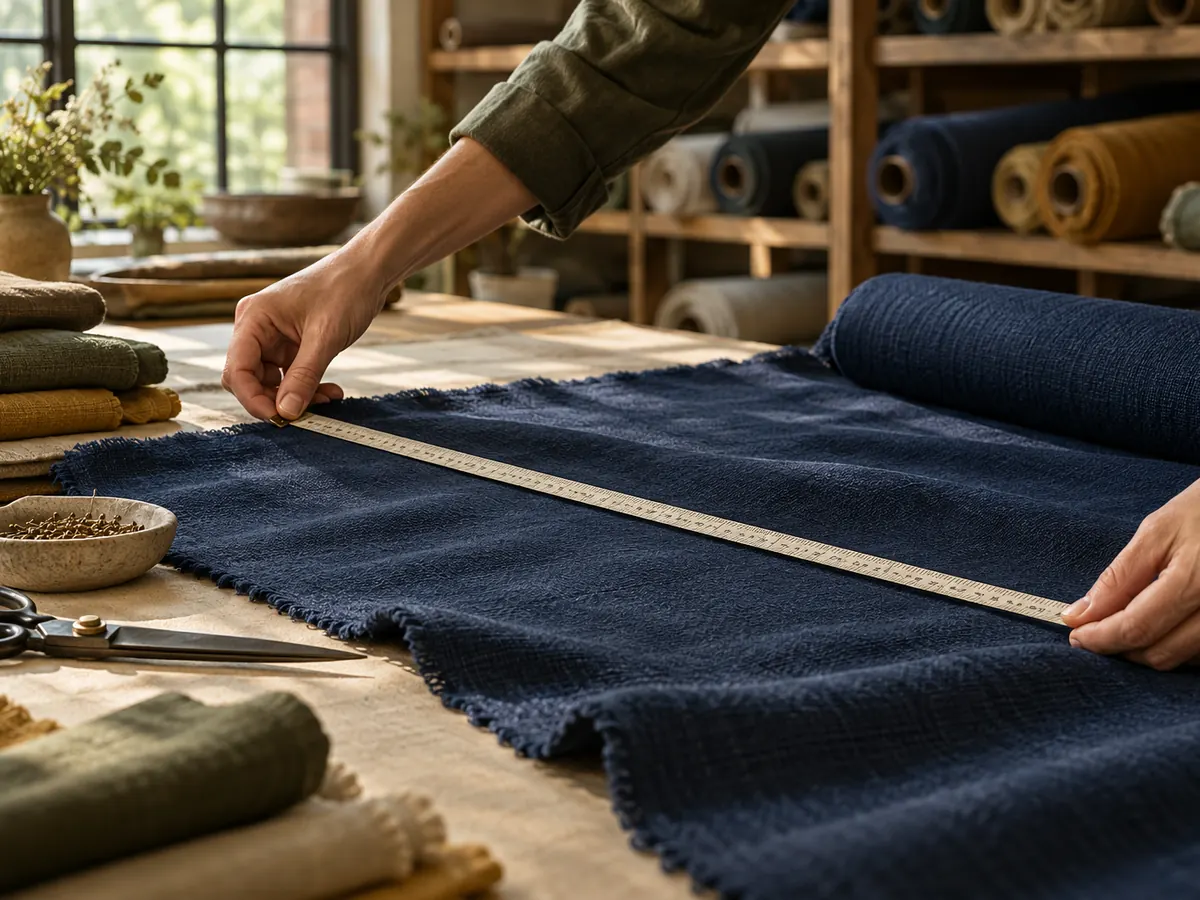 Hands measuring navy woven fabric with a tailor's tape on a cutting table