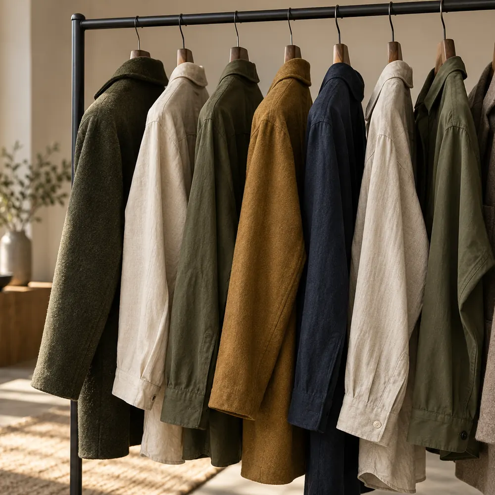Clothing rail with plain coats and shirts in neutral and olive tones