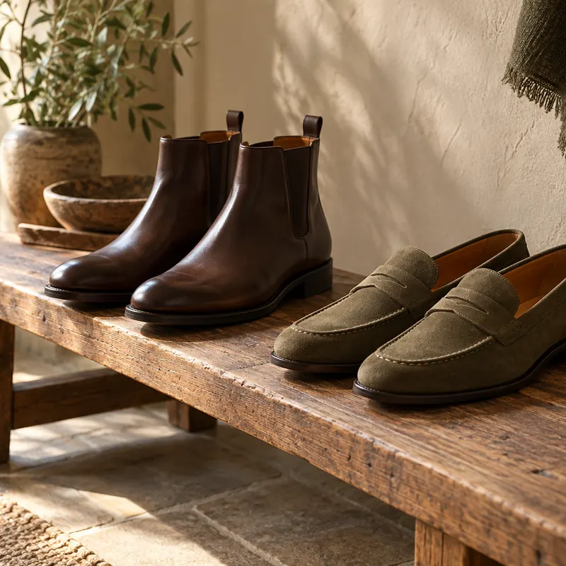 Plain leather ankle boots and suede loafers on a wooden bench
