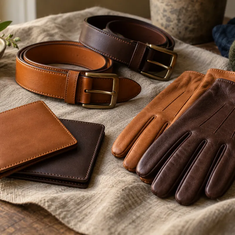 Leather belt, gloves and a simple wallet on linen