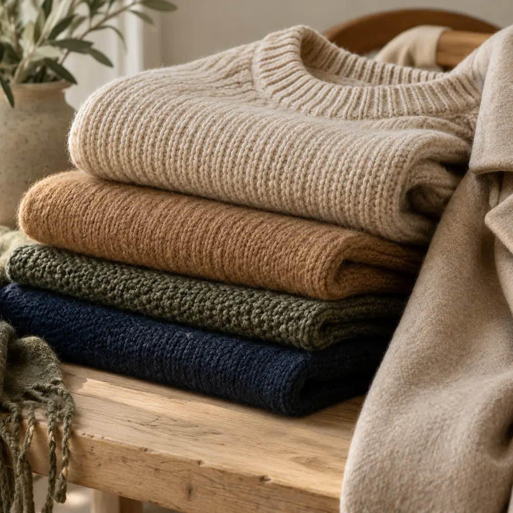 Folded knitwear and a light wool coat in sand and camel tones