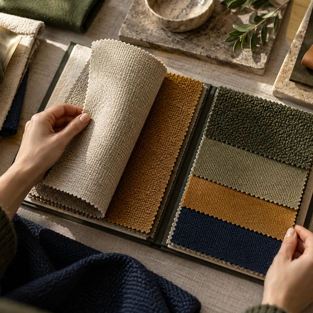 Hands turning the pages of a fabric and leather swatch book